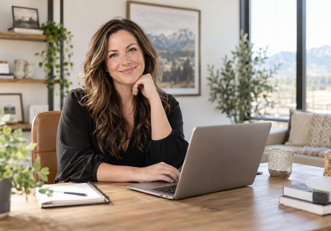 Northern Colorado business owner photographed at her desk for custom website content
